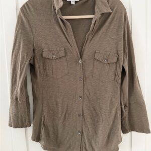 James Perse Brown Supima Cotton Button Down Ribbed Side Panel SZ 4 (XL) Shirt
